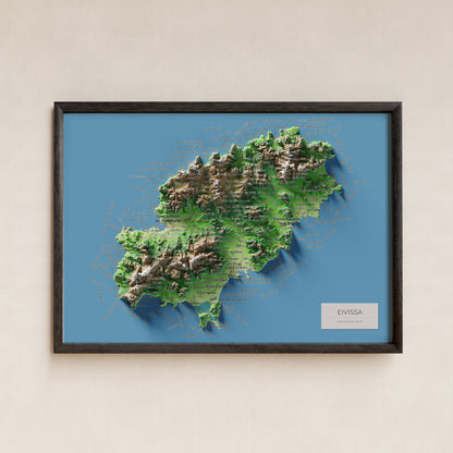 Mapa topogràfic d’Eivissa, Clàssic, 21 × 30 cm: presentació en marc negre (marc no inclòs).