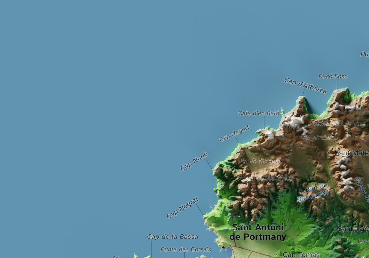 Edición revisada · Mapa topográfico de Ibiza (Eivissa), Clásico, 21 × 30 cm: detalle superior izquierdo.