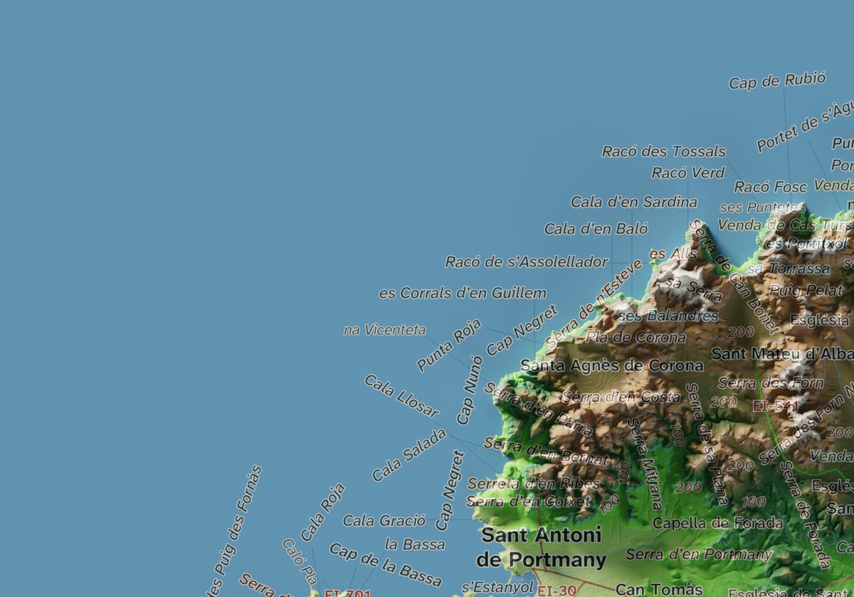 Mapa topogràfic d’Eivissa, Clàssic, 21 × 30 cm: detall superior esquerre.