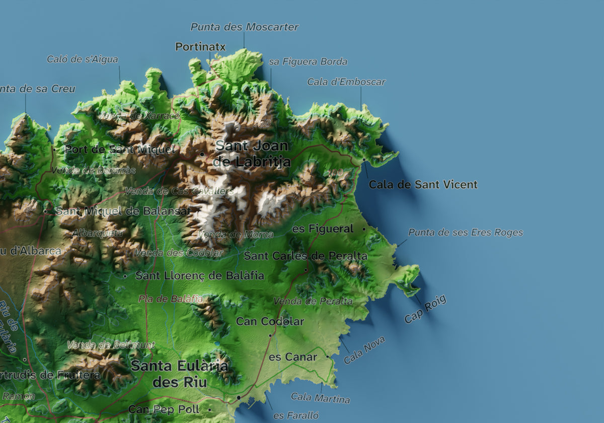 Edición revisada · Mapa topográfico de Ibiza (Eivissa), Clásico, 21 × 30 cm: detalle superior derecho.