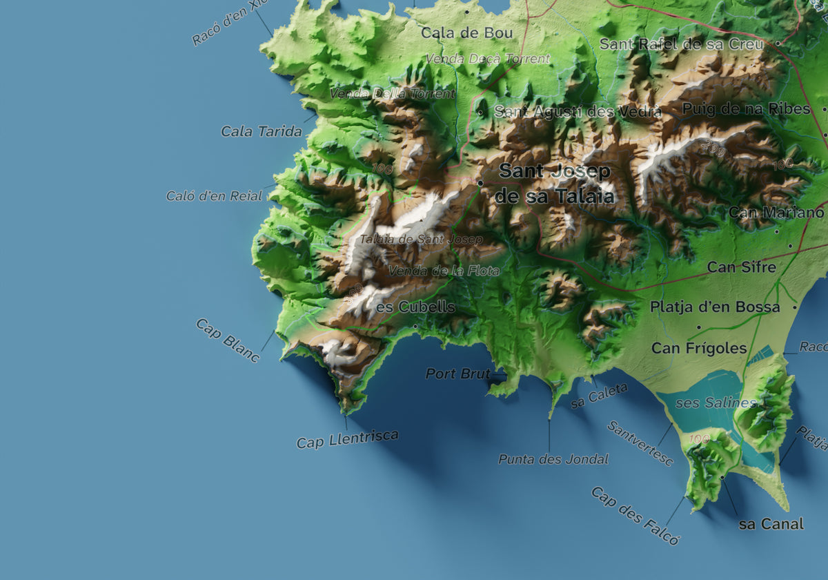 Edición revisada · Mapa topográfico de Ibiza (Eivissa), Clásico, 21 × 30 cm: detalle inferior izquierdo.