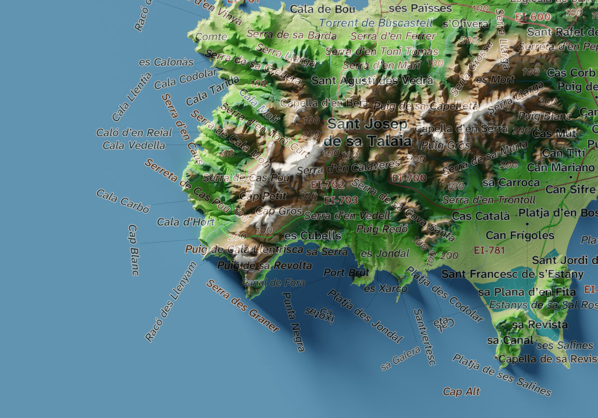 Mapa topogràfic d’Eivissa, Clàssic, 21 × 30 cm: detall inferior esquerre.