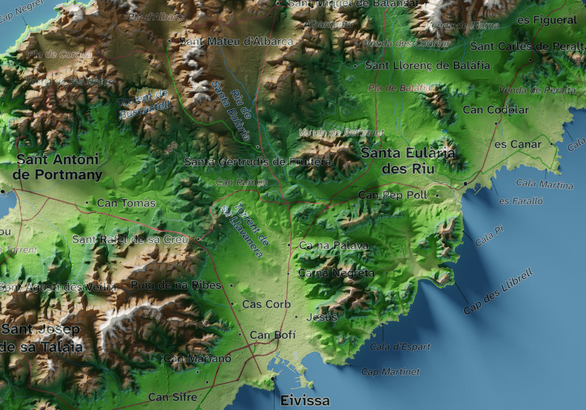 Edición revisada · Mapa topográfico de Ibiza (Eivissa), Clásico, 21 × 30 cm: detalle central.