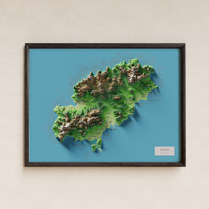 Edició octubre 2026 · Mapa topogràfic de Eivissa, Clàssic, 30 × 40 cm: presentació en marc negre (marc no inclòs).