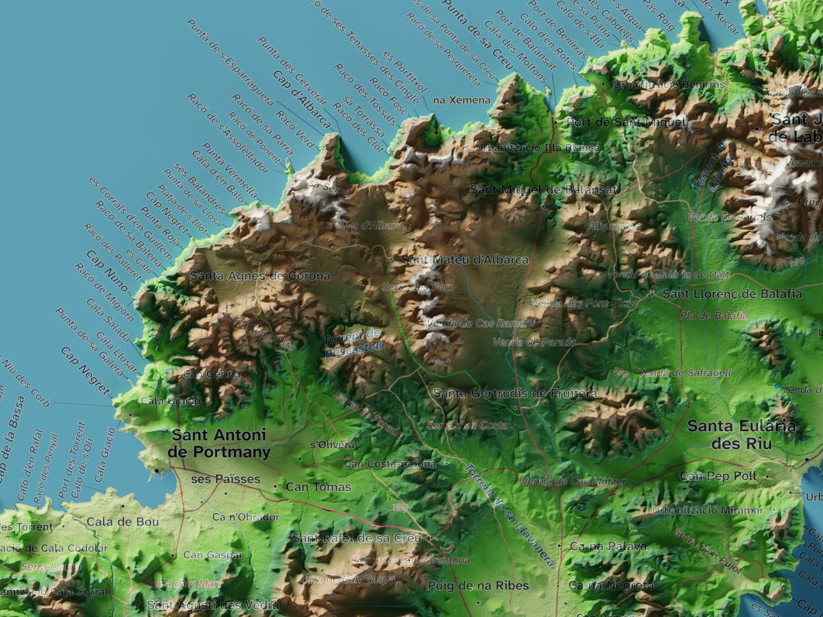 Edició octubre 2026 · Mapa topogràfic de Eivissa, Clàssic, 30 × 40 cm: detall de la costa nord-oest.