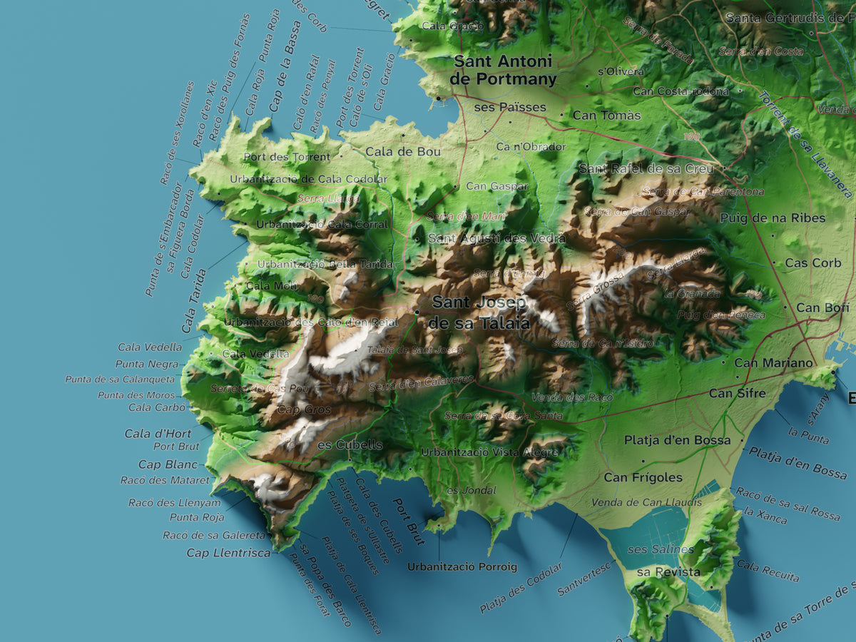 Edició octubre 2026 · Mapa topogràfic de Eivissa, Clàssic, 30 × 40 cm: detall de la costa sud-oest.