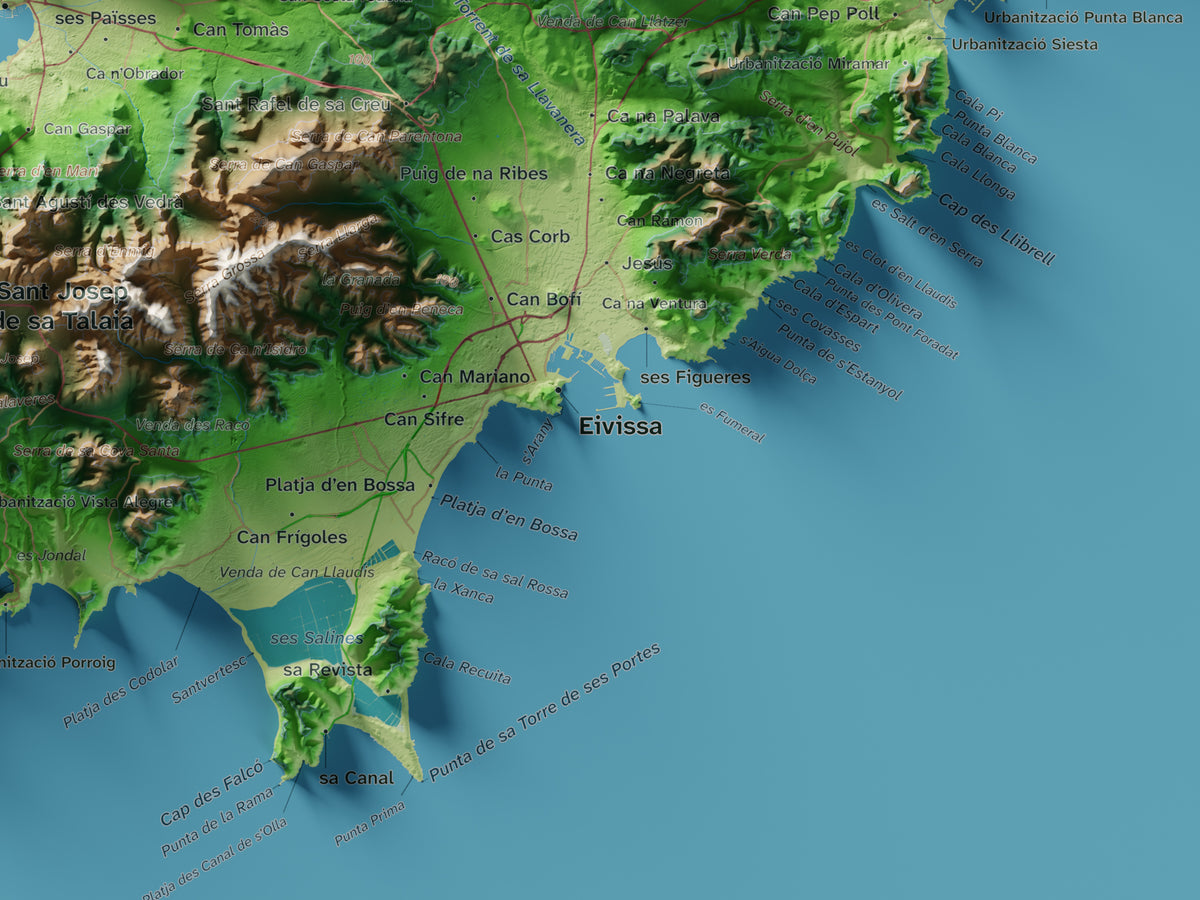 Edició octubre 2026 · Mapa topogràfic de Eivissa, Clàssic, 30 × 40 cm: detall de la costa sud-est.