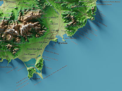 Edició octubre 2026 · Mapa topogràfic de Eivissa, Clàssic, 30 × 40 cm: detall de la costa sud-est.