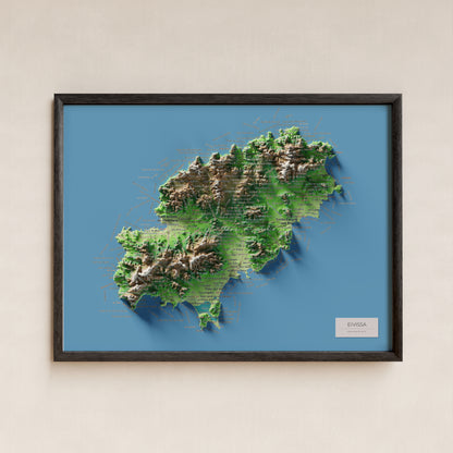 Mapa topogràfic d’Eivissa, Clàssic, 30 × 40 cm: presentació en marc negre (marc no inclòs).