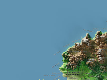 Edición revisada · Mapa topográfico de Ibiza (Eivissa), Clásico, 30 × 40 cm: detalle superior izquierdo.