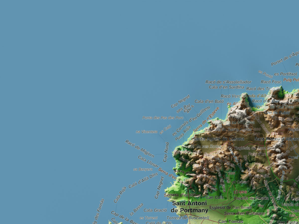Mapa topogràfic d’Eivissa, Clàssic, 30 × 40 cm: detall superior esquerre.