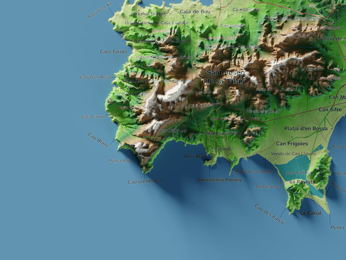 Edición revisada · Mapa topográfico de Ibiza (Eivissa), Clásico, 30 × 40 cm: detalle inferior izquierdo.