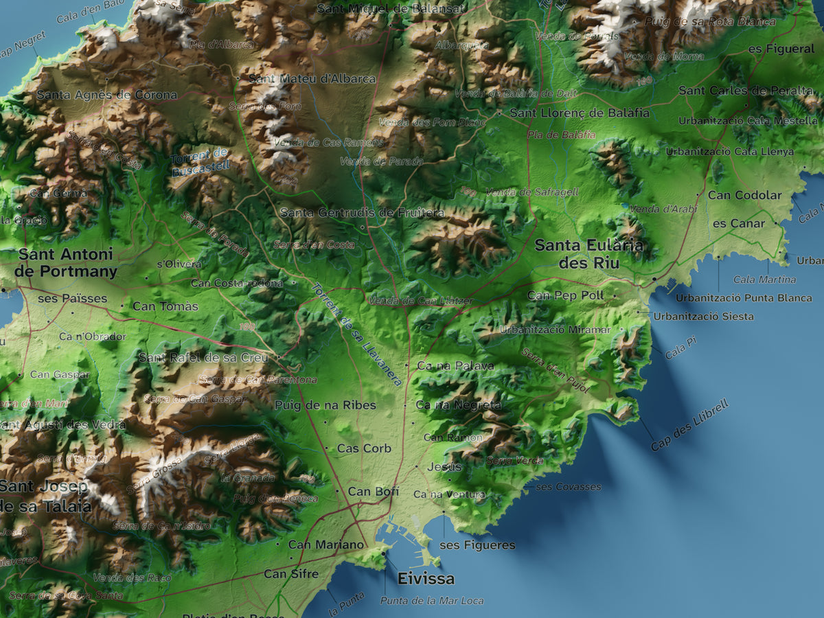 Edición revisada · Mapa topográfico de Ibiza (Eivissa), Clásico, 30 × 40 cm: detalle central.