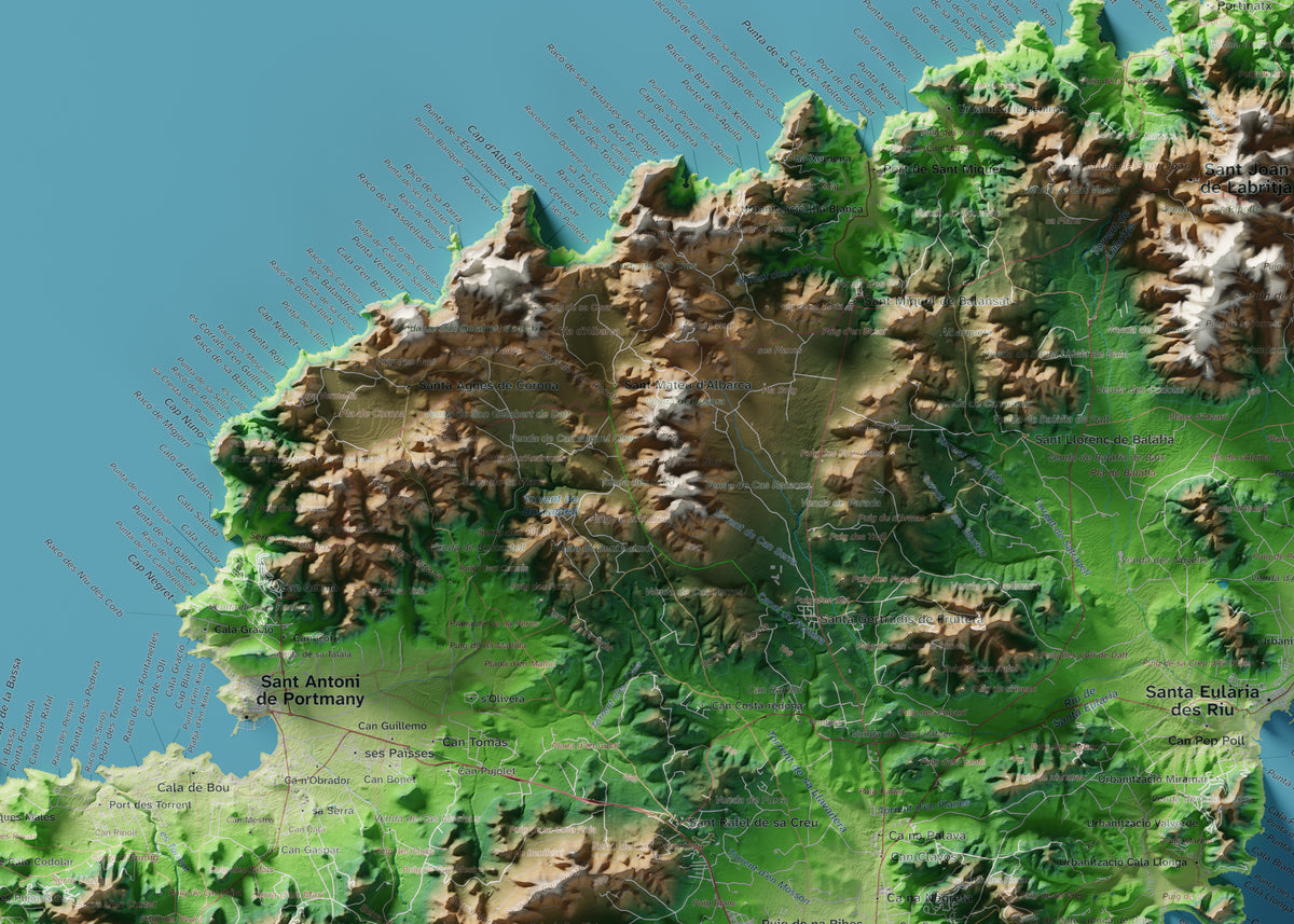 Edició octubre 2026 · Mapa topogràfic de Eivissa, Clàssic, 50 × 70 cm: detall de la costa nord-oest.