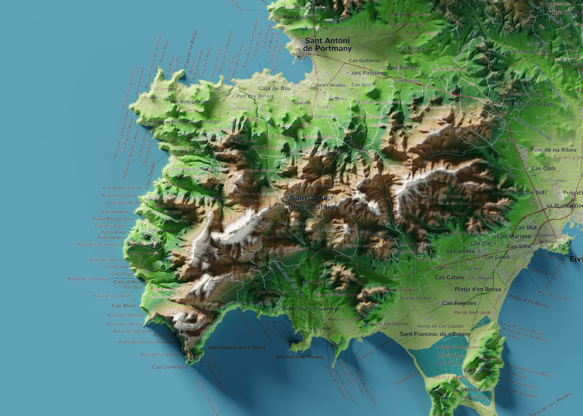 Edició octubre 2026 · Mapa topogràfic de Eivissa, Clàssic, 50 × 70 cm: detall de la costa sud-oest.