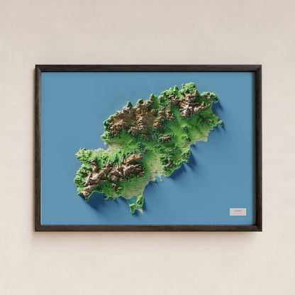 Edición revisada · Mapa topográfico de Ibiza (Eivissa), Clásico, 50 × 70 cm: presentación en marco negro (marco no incluido).