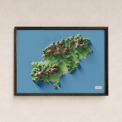 Mapa topogràfic d’Eivissa, Clàssic, 50 × 70 cm: presentació en marc negre (marc no inclòs).