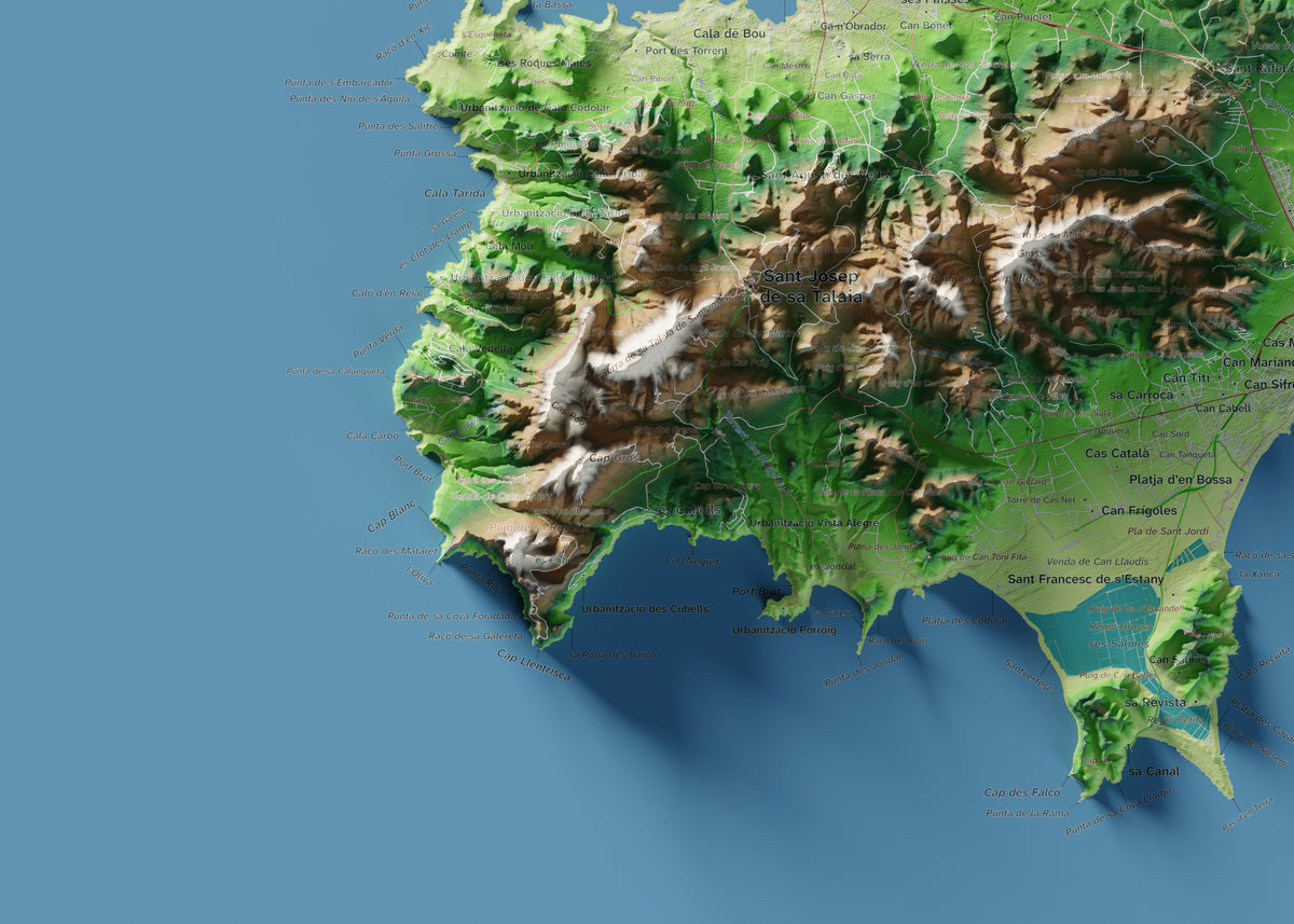 Edición revisada · Mapa topográfico de Ibiza (Eivissa), Clásico, 50 × 70 cm: detalle inferior izquierdo.