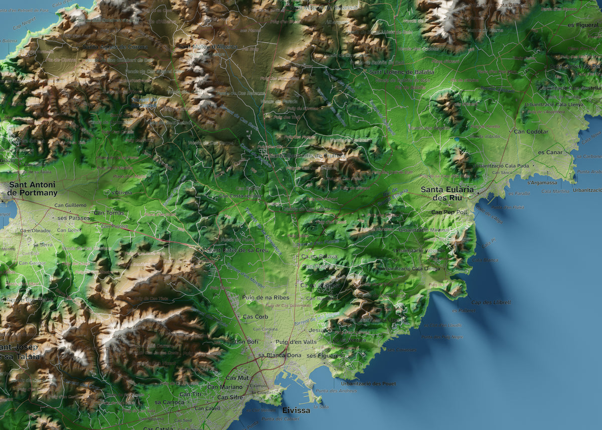 Edición revisada · Mapa topográfico de Ibiza (Eivissa), Clásico, 50 × 70 cm: detalle central.