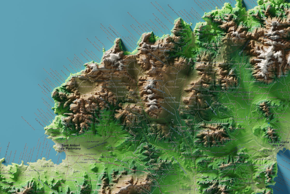 Edició octubre 2026 · Mapa topogràfic de Eivissa, Clàssic, 61 × 91 cm: detall de la costa nord-oest.