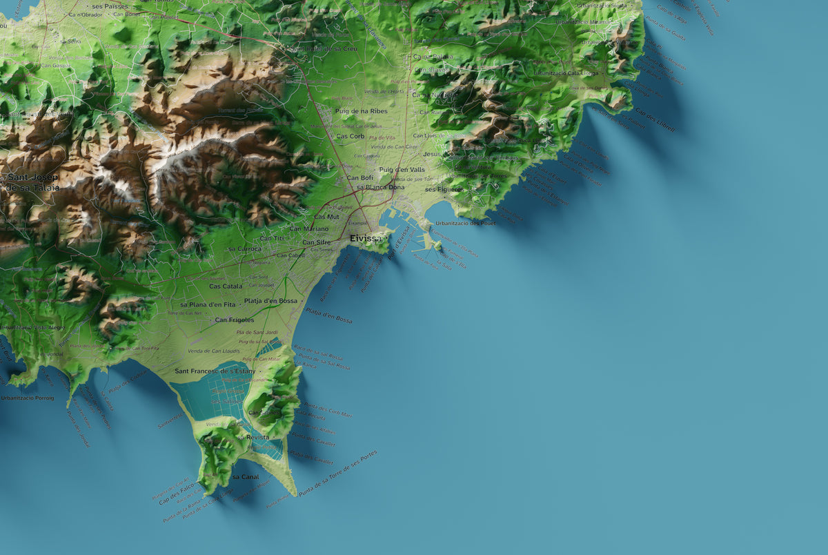 Edició octubre 2026 · Mapa topogràfic de Eivissa, Clàssic, 61 × 91 cm: detall de la costa sud-est.