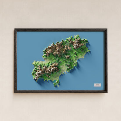 Mapa topogràfic d’Eivissa, Clàssic, 61 × 91 cm: presentació en marc negre (marc no inclòs).