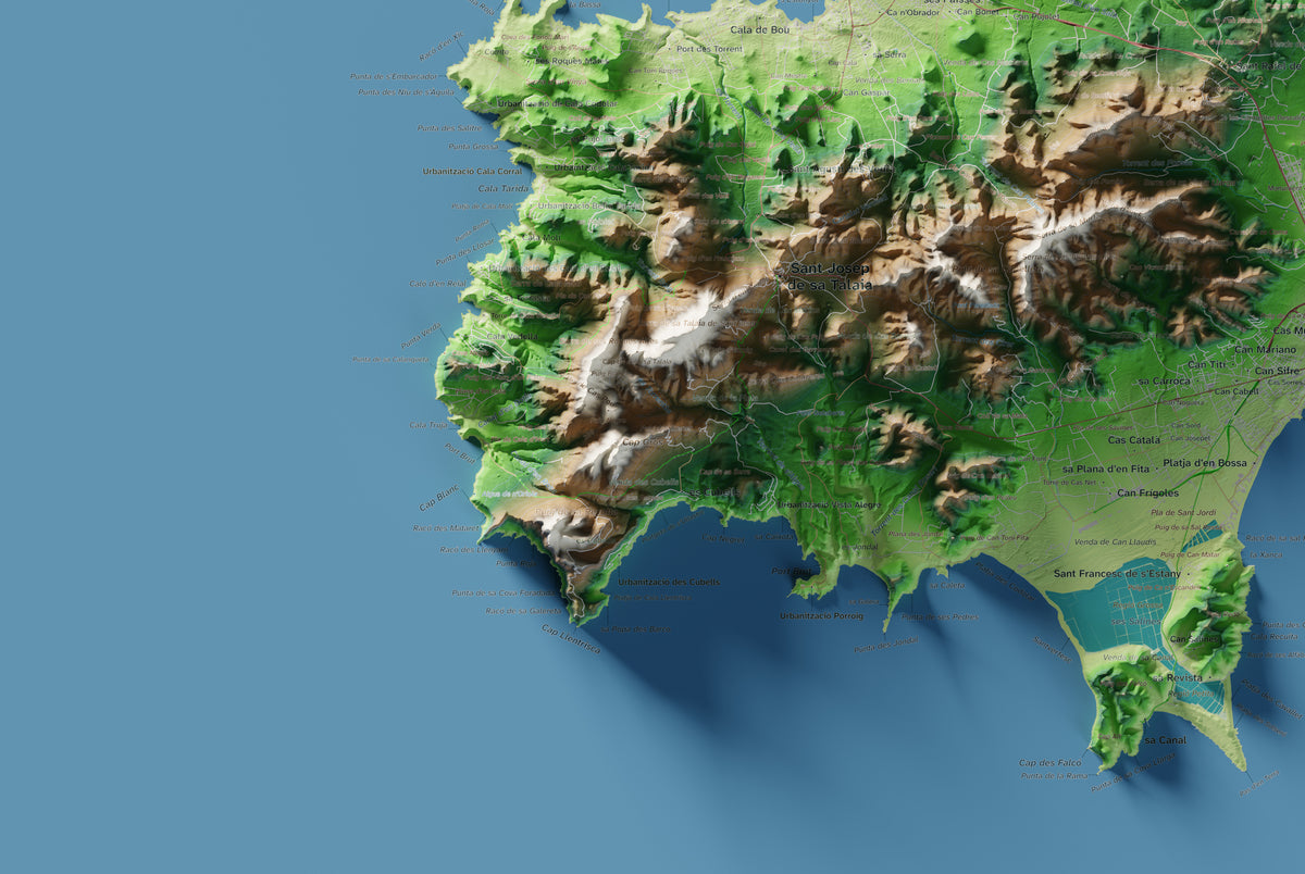 Edición revisada · Mapa topográfico de Ibiza (Eivissa), Clásico, 61 × 91 cm: detalle inferior izquierdo.
