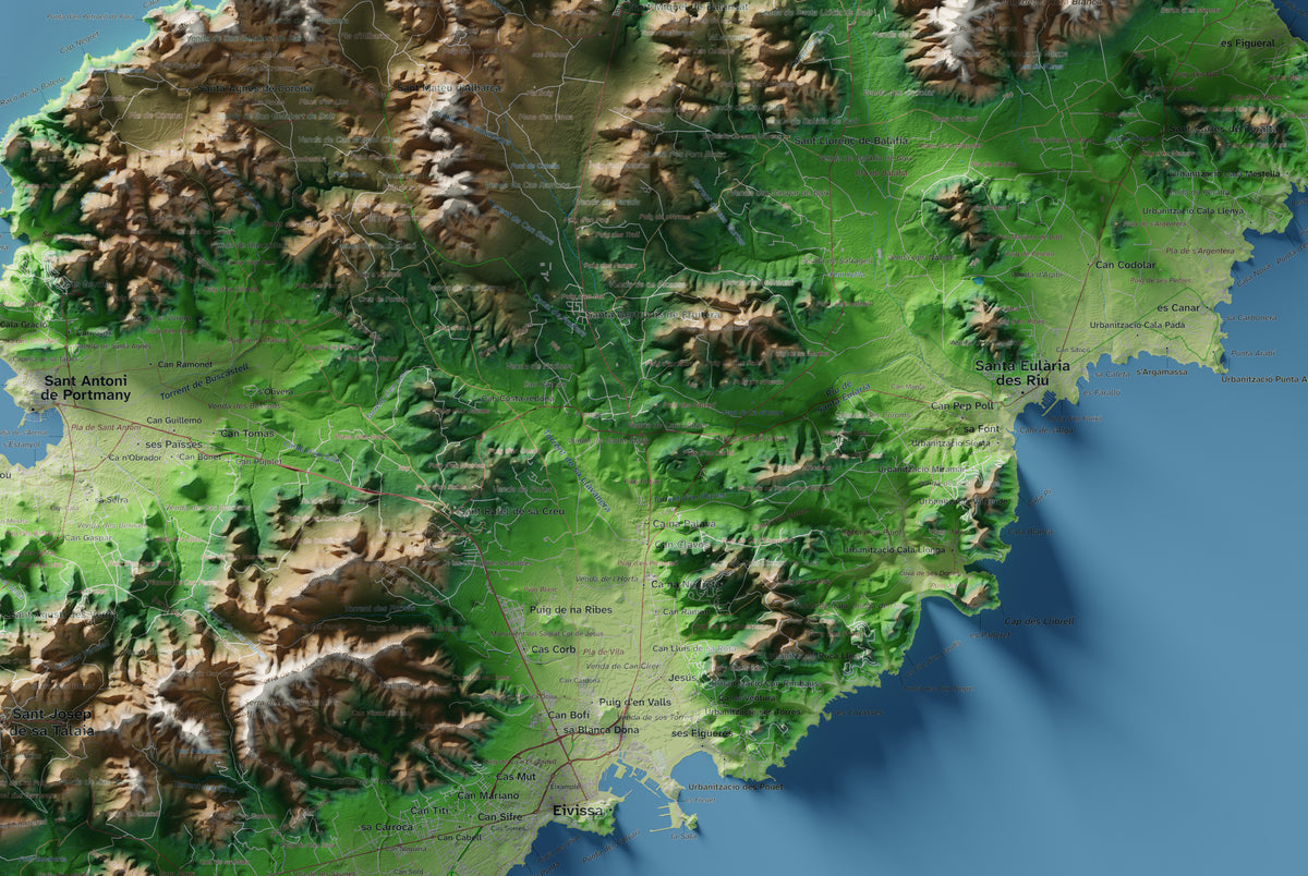 Edición revisada · Mapa topográfico de Ibiza (Eivissa), Clásico, 61 × 91 cm: detalle central.