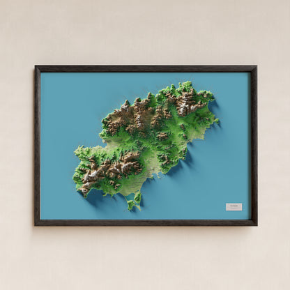 Edició octubre 2026 · Mapa topogràfic de Eivissa, Clàssic, 70 × 100 cm: presentació en marc negre (marc no inclòs).