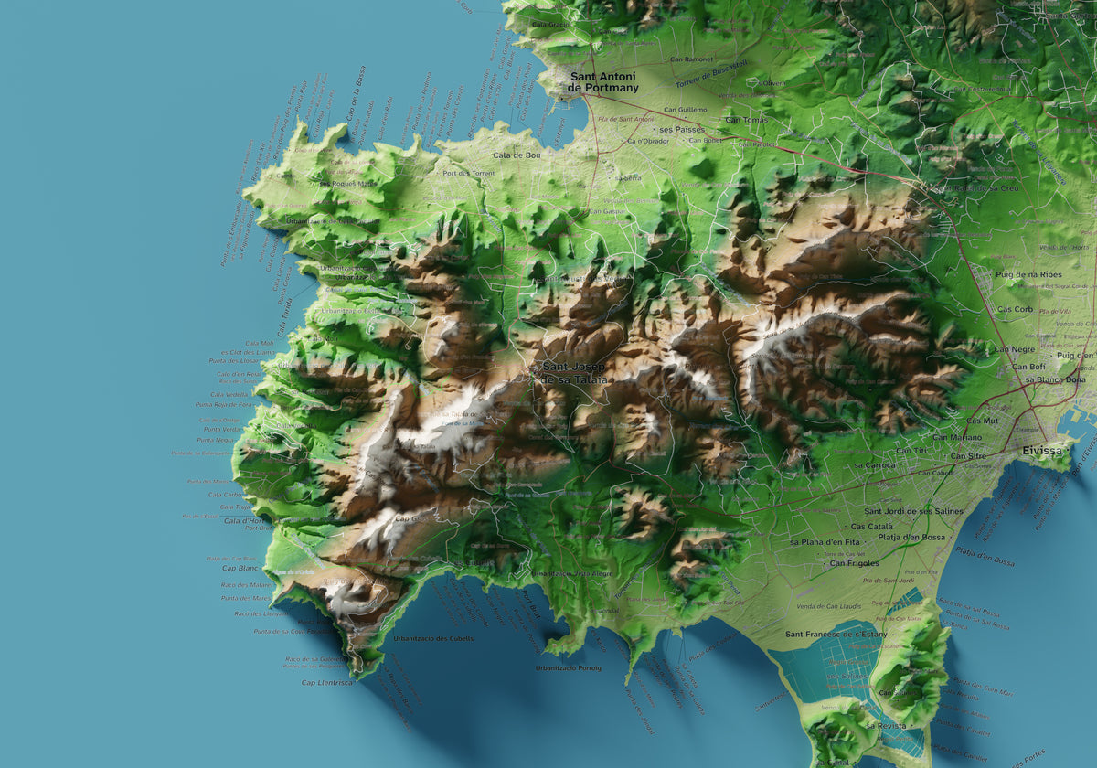 Edició octubre 2026 · Mapa topogràfic de Eivissa, Clàssic, 70 × 100 cm: detall de la costa sud-oest.