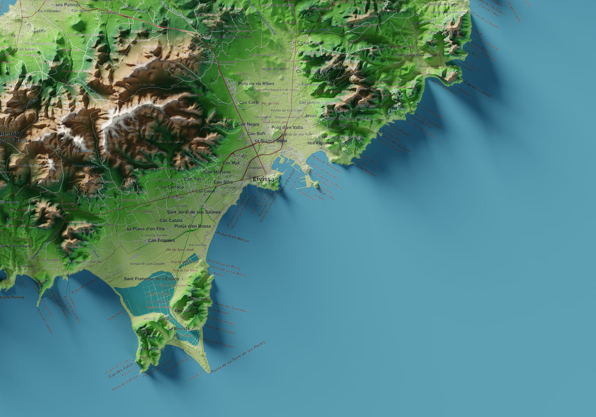 Edició octubre 2026 · Mapa topogràfic de Eivissa, Clàssic, 70 × 100 cm: detall de la costa sud-est.