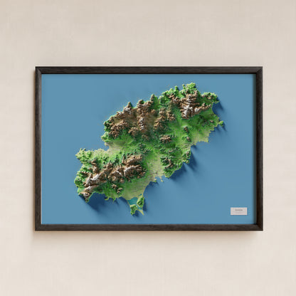 Mapa topogràfic d’Eivissa, Clàssic, 70 × 100 cm: presentació en marc negre (marc no inclòs).