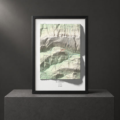 Mapa de relieve del Cadinell, 2113 m, Alt Urgell, lámina 100 Cims de Trobart. Presentación enmarcada. 21 × 30 cm.