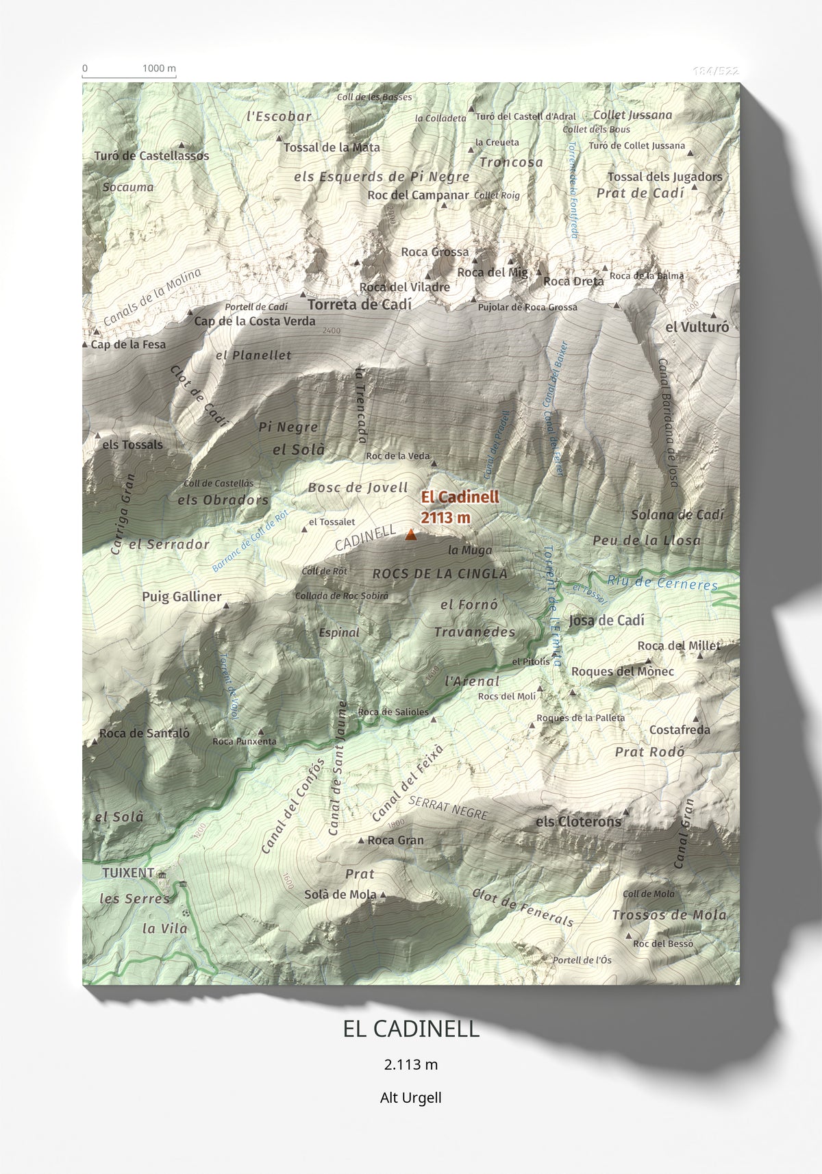 Mapa de relieve del Cadinell, 2113 m, Alt Urgell, lámina 100 Cims de Trobart 21 × 30 cm.