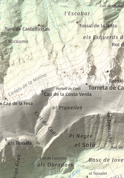 Mapa de relieve del Cadinell, 2113 m, Alt Urgell, lámina 100 Cims de Trobart. Detalle de la zona superior izquierda. 21 × 30 cm.