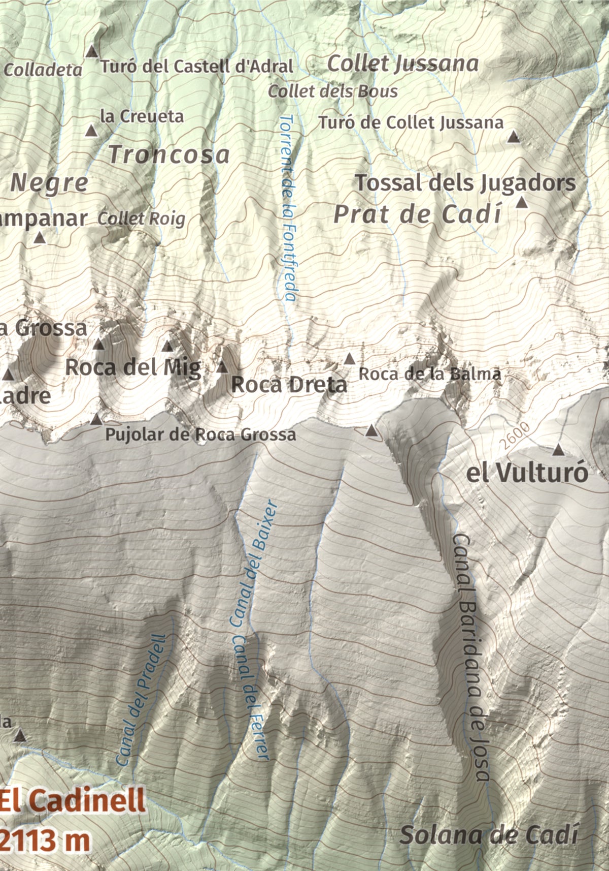 Mapa de relieve del Cadinell, 2113 m, Alt Urgell, lámina 100 Cims de Trobart. Detalle de la zona superior derecha. 21 × 30 cm.