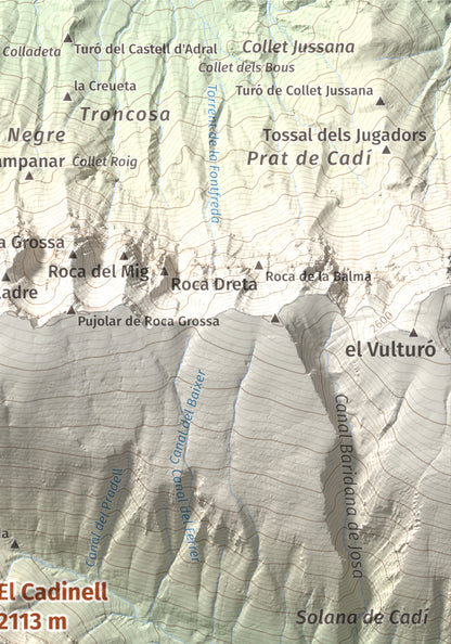 Mapa de relieve del Cadinell, 2113 m, Alt Urgell, lámina 100 Cims de Trobart. Detalle de la zona superior derecha. 21 × 30 cm.