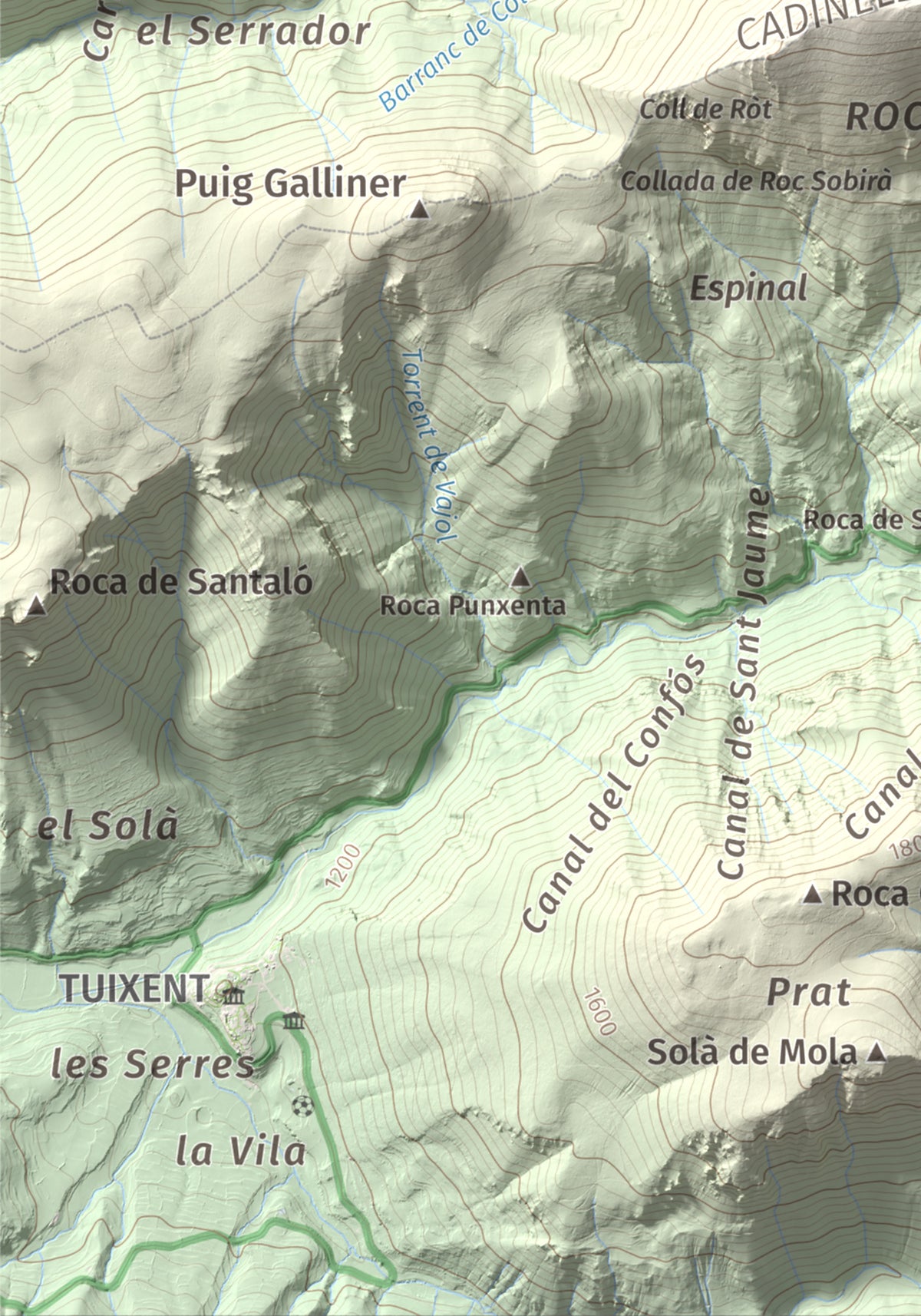 Mapa de relieve del Cadinell, 2113 m, Alt Urgell, lámina 100 Cims de Trobart. Detalle de la zona inferior izquierda. 21 × 30 cm.