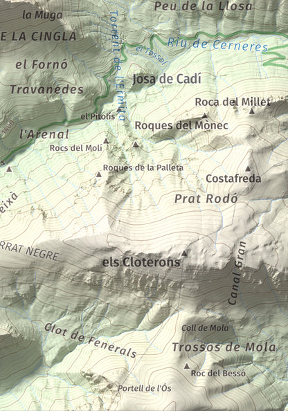 Mapa de relieve del Cadinell, 2113 m, Alt Urgell, lámina 100 Cims de Trobart. Detalle de la zona inferior derecha. 21 × 30 cm.