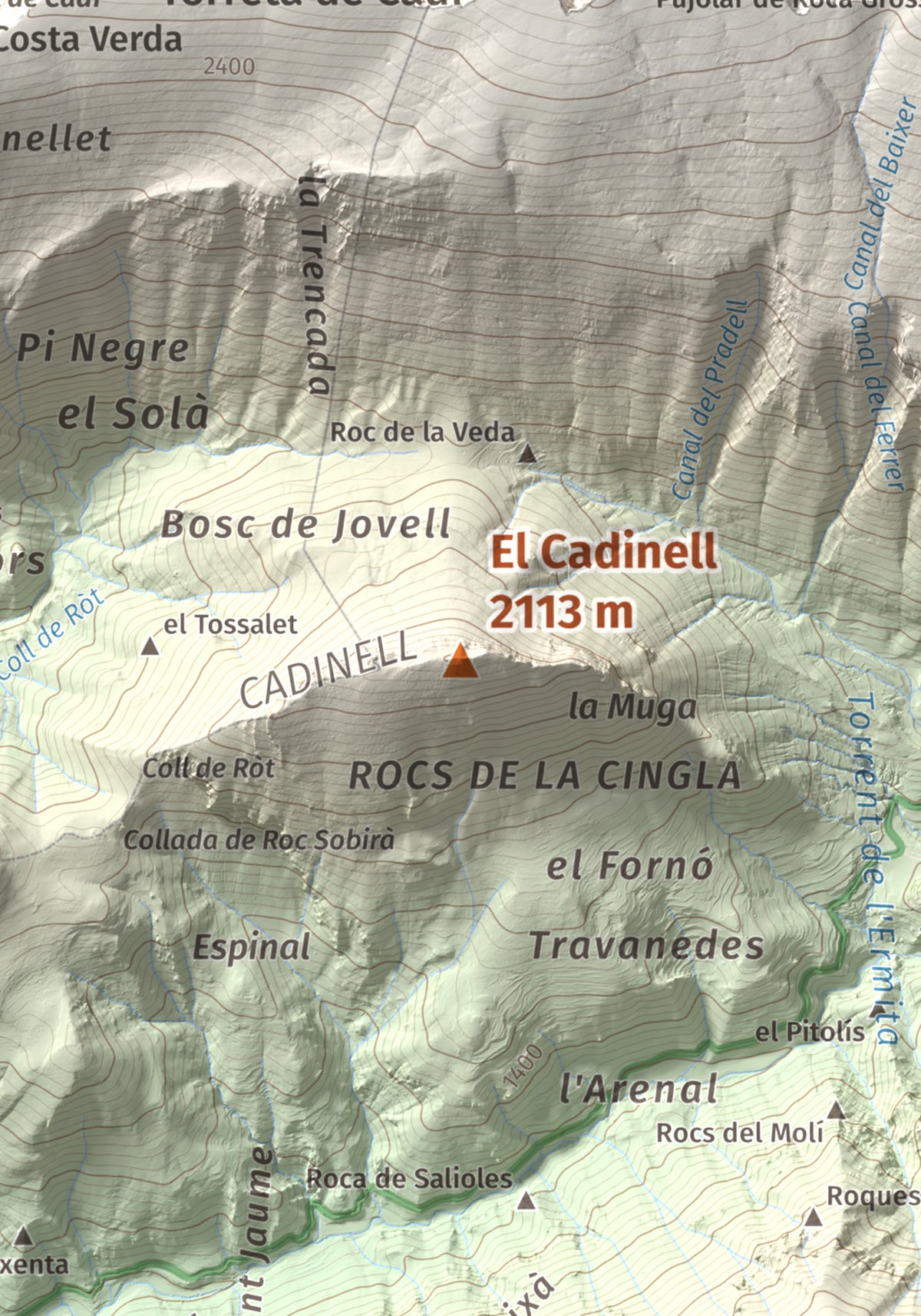 Mapa de relieve del Cadinell, 2113 m, Alt Urgell, lámina 100 Cims de Trobart. Detalle de la zona central. 21 × 30 cm.
