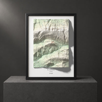 Mapa de relieve del Cadinell, 2113 m, Alt Urgell, lámina 100 Cims de Trobart. Presentación enmarcada. 30 × 40 cm.