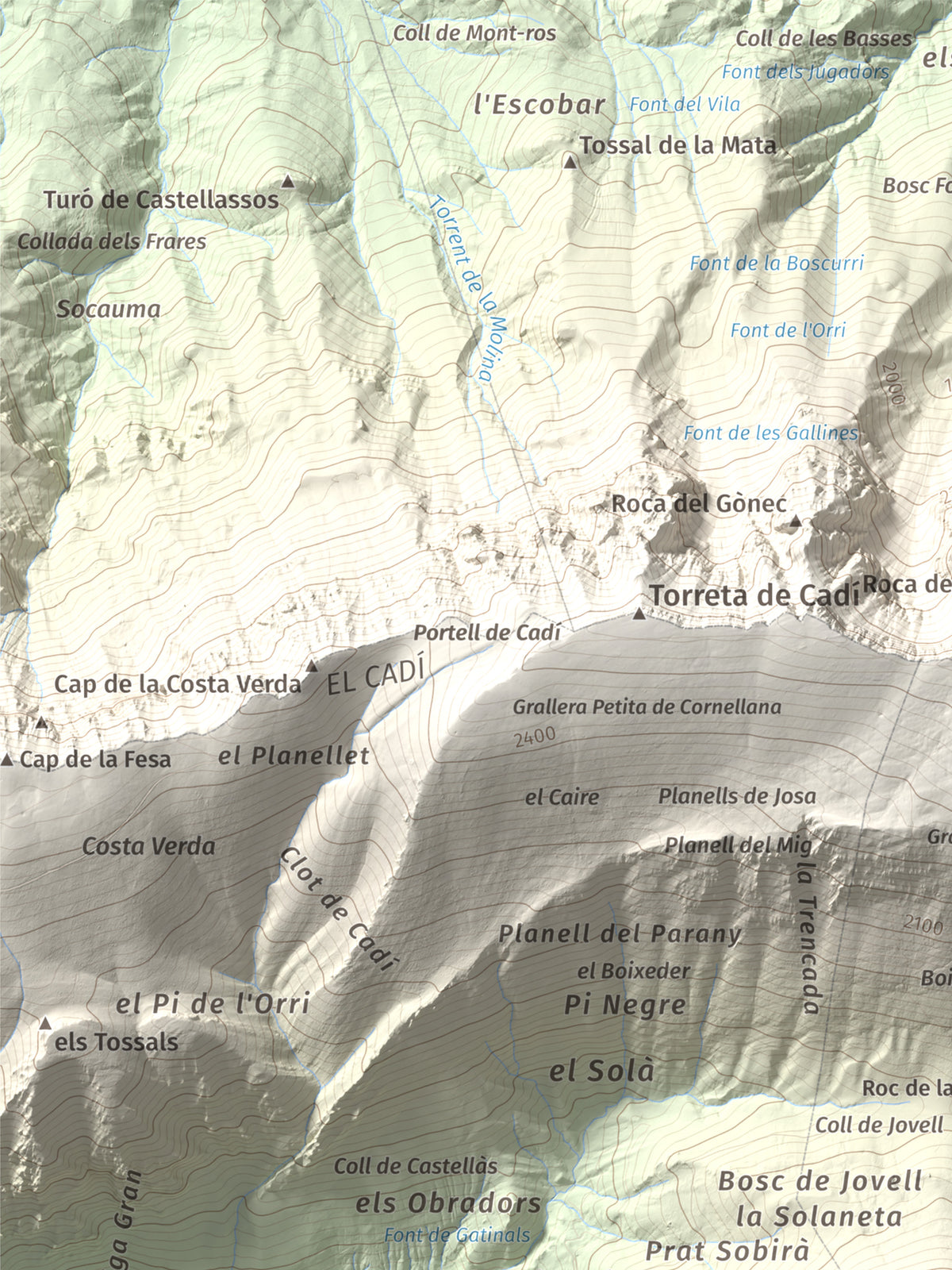Mapa de relieve del Cadinell, 2113 m, Alt Urgell, lámina 100 Cims de Trobart. Detalle de la zona superior izquierda. 30 × 40 cm.