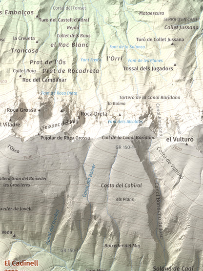 Mapa de relieve del Cadinell, 2113 m, Alt Urgell, lámina 100 Cims de Trobart. Detalle de la zona superior derecha. 30 × 40 cm.