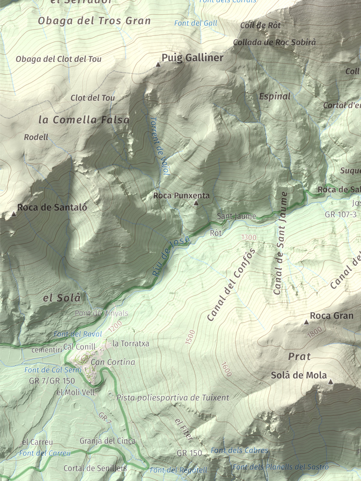 Mapa de relieve del Cadinell, 2113 m, Alt Urgell, lámina 100 Cims de Trobart. Detalle de la zona inferior izquierda. 30 × 40 cm.