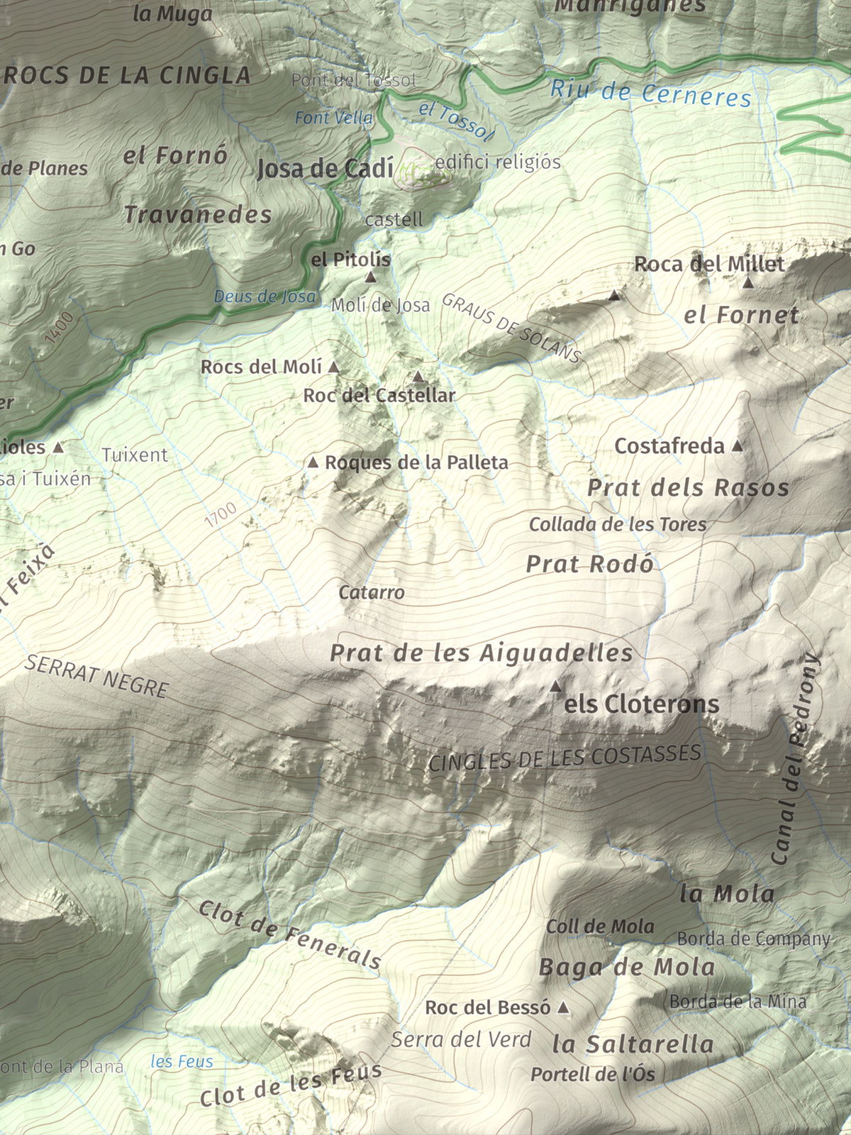 Mapa de relieve del Cadinell, 2113 m, Alt Urgell, lámina 100 Cims de Trobart. Detalle de la zona inferior derecha. 30 × 40 cm.