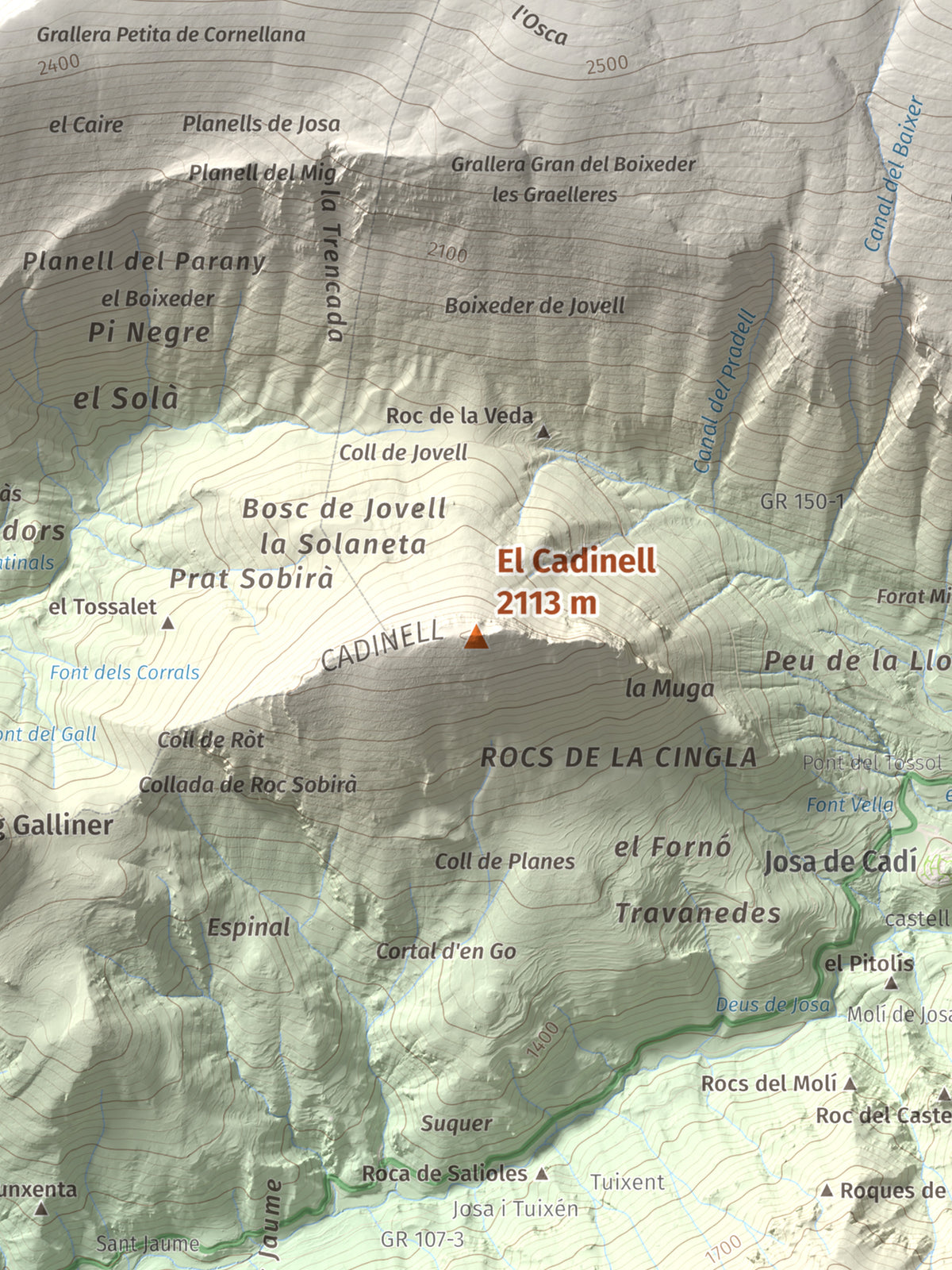 Mapa de relieve del Cadinell, 2113 m, Alt Urgell, lámina 100 Cims de Trobart. Detalle de la zona central. 30 × 40 cm.