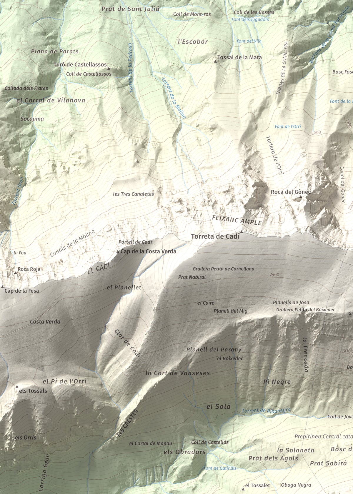 Mapa de relieve del Cadinell, 2113 m, Alt Urgell, lámina 100 Cims de Trobart. Detalle de la zona superior izquierda. 50 × 70 cm.