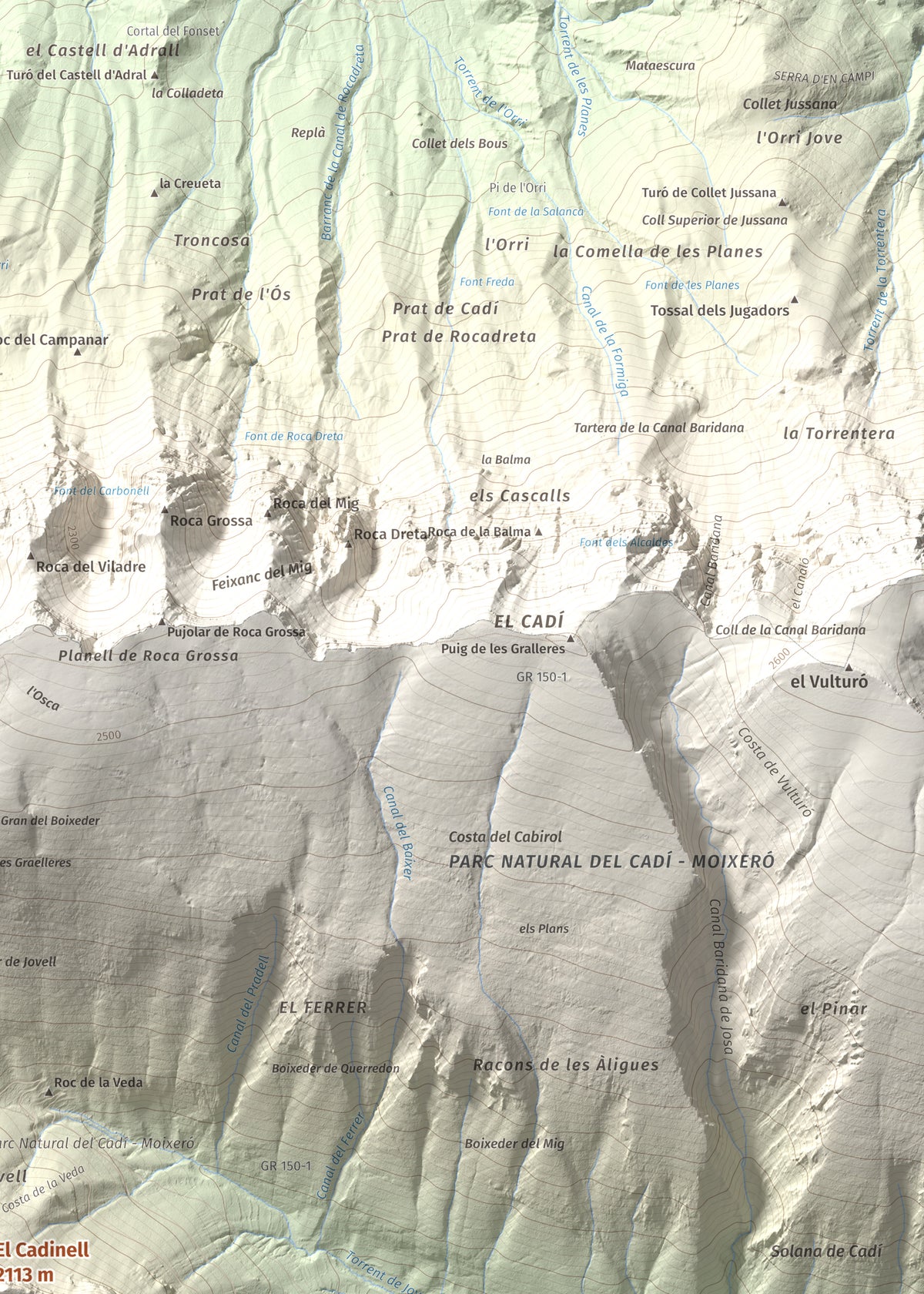 Mapa de relieve del Cadinell, 2113 m, Alt Urgell, lámina 100 Cims de Trobart. Detalle de la zona superior derecha. 50 × 70 cm.