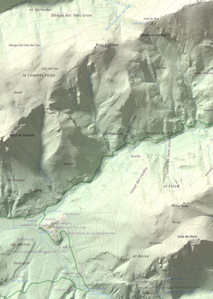 Mapa de relieve del Cadinell, 2113 m, Alt Urgell, lámina 100 Cims de Trobart. Detalle de la zona inferior izquierda. 50 × 70 cm.