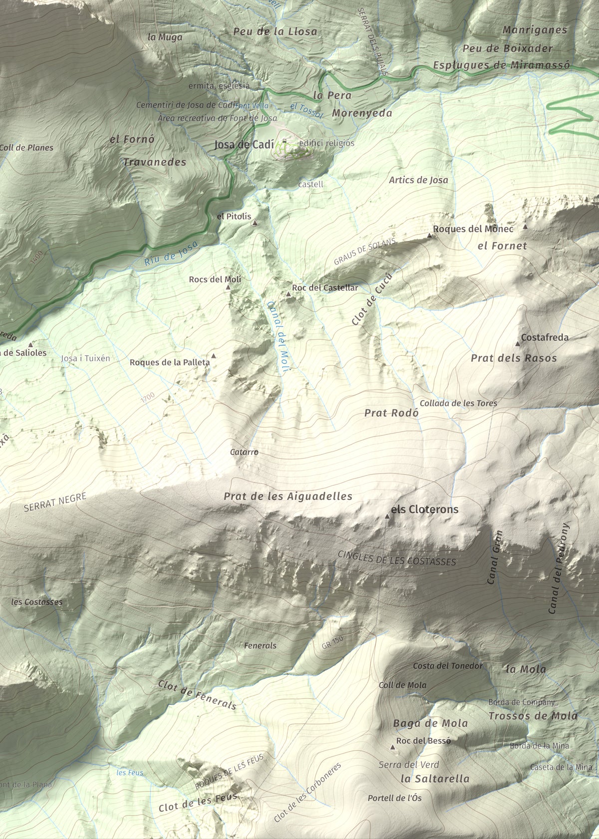 Mapa de relieve del Cadinell, 2113 m, Alt Urgell, lámina 100 Cims de Trobart. Detalle de la zona inferior derecha. 50 × 70 cm.